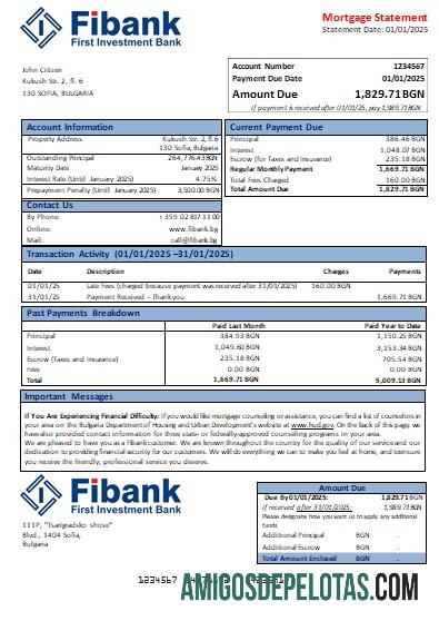 Declaração de hipoteca do Banco Fibank da Bulgária Scr exemplo real